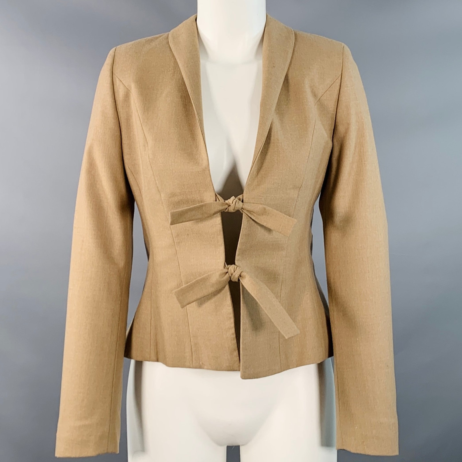 Pauw Size 2 Beige Wool Blend Pleated Shawl Lapel Tie Closure Jacket Blazer